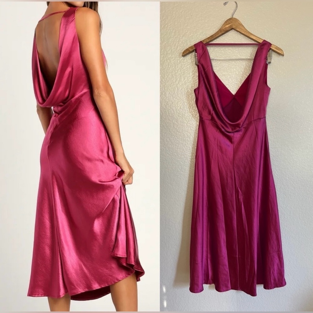 NWT - Lulus Incredible Love Magenta Pink Satin Cowl Back Midi Slip Dress - Picture 7 of 8
